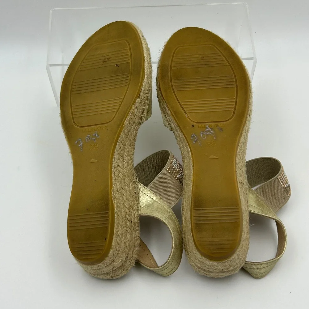 Kanna Espadrille Wedge Sandals Womens 38 Gold Metallic Beaded Boho Summer‎ Chic